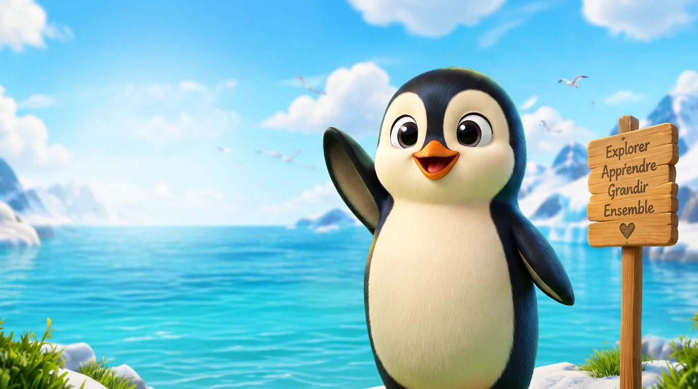 Pip le pingouin fait coucou devant la mer, à côté d'un panneau en bois : Explorer, Apprendre, Grandir, Ensemble